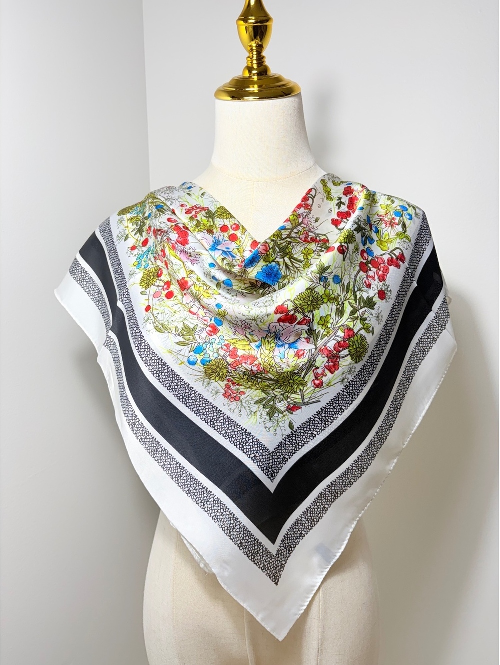 Elegant Floral Square Scarf with Black Border – Lightweight, Versatile Accessory